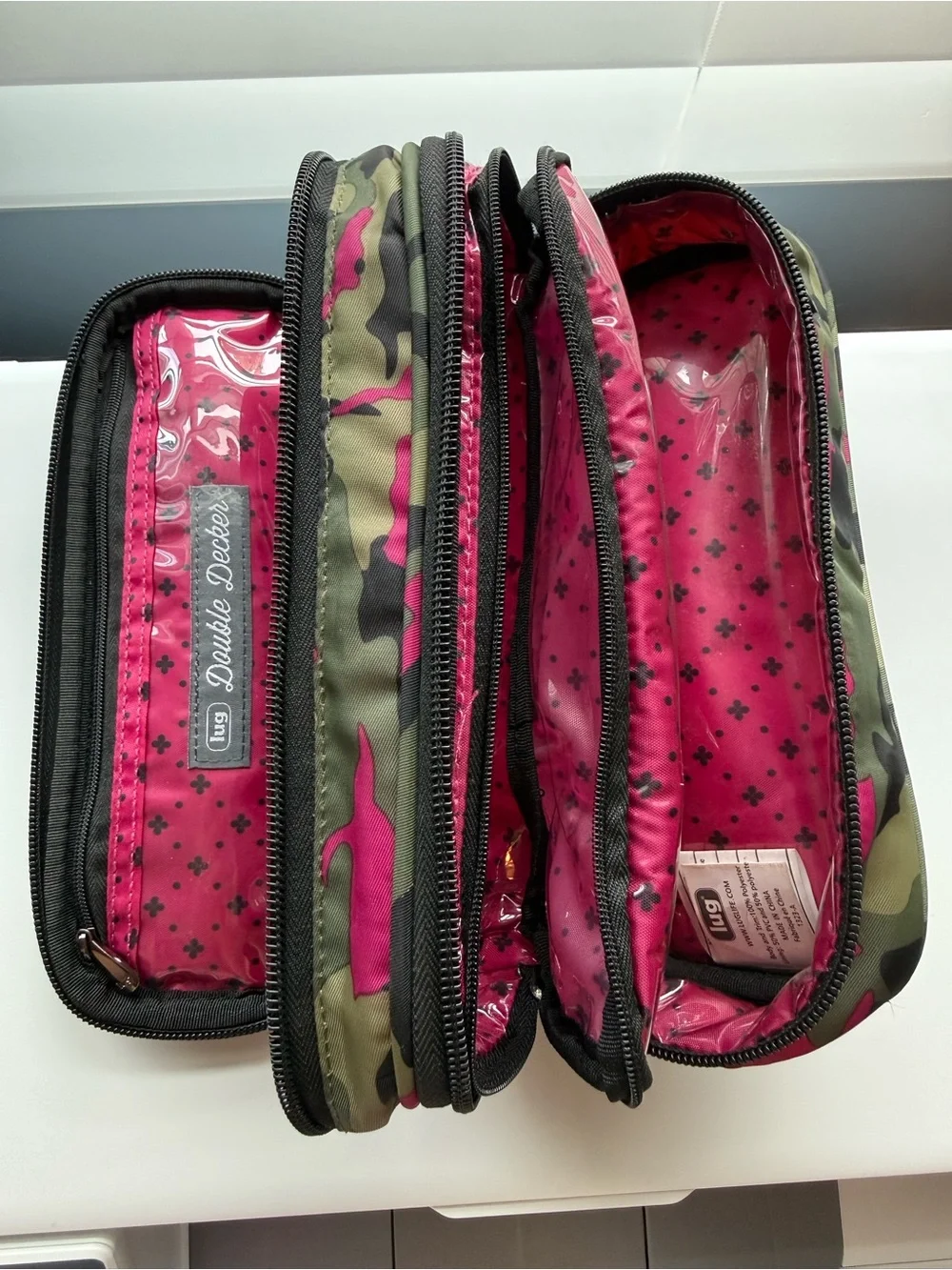 Lug brand olive/pink/black Camo Cosmetic Case with lots of storage sections